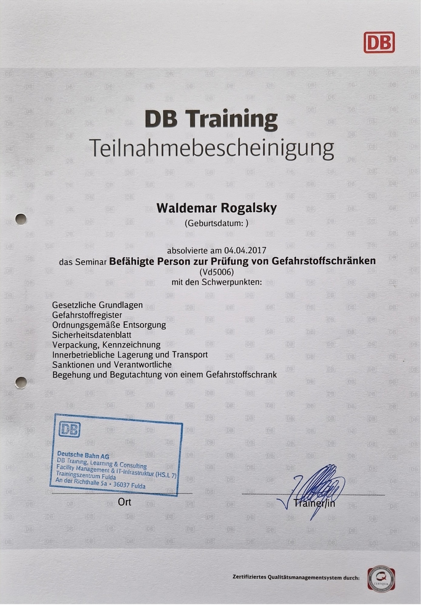 Bescheinigung Prüfung von Gefahrstoffschränken (Vd5006)